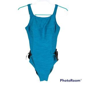 Christina Sz 10 Blue Turquoise One Piece Swimsuit Waist Cinching Side Ties